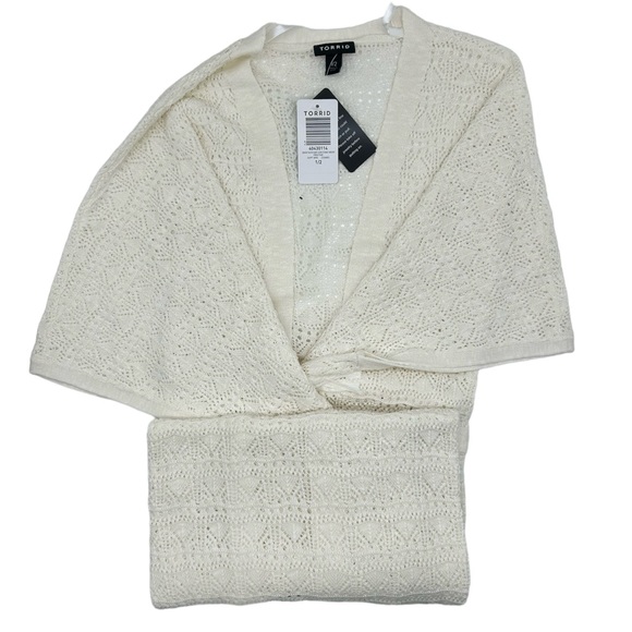 Torrid Women’s Plus Size Crochet Duster Short Sleeve Tie Waist Sweater - Picture 8 of 11